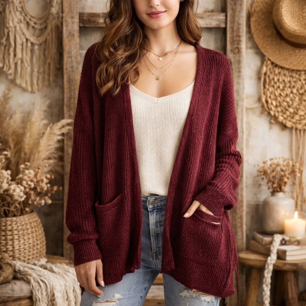 Hollister Burgundy Maroon Open Front Cardigan Sweater Small